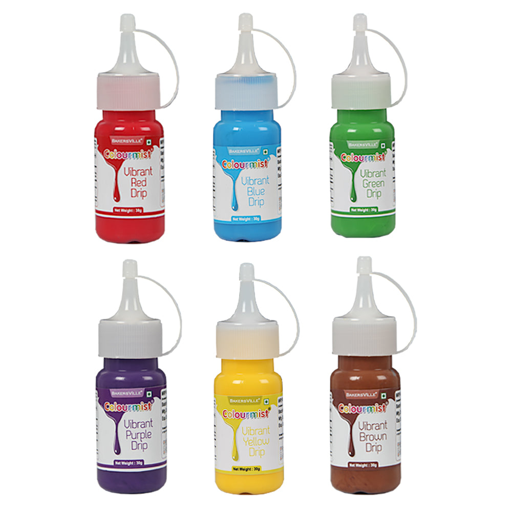 Colourmist Cake Decorating Vibrant Drip Assorted 30g each, Pack of 6 Edible Vibrant Colors (Red, Green, Blue, Yellow, Purple, Brown) - BV 3080