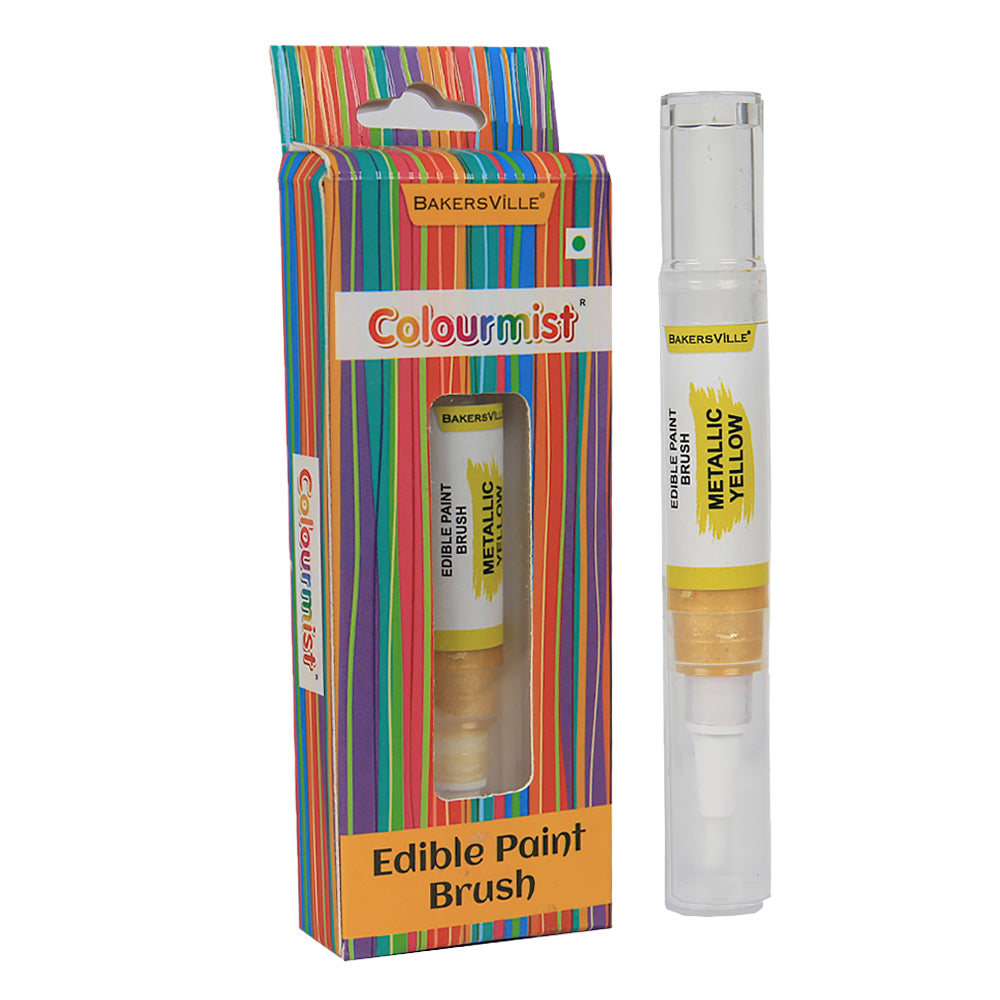 Colourmist Edible Paint Brush With Metallic Paint ( Metallic Yellow ) | Food Colour Paint Brush For Dessert | 1pc