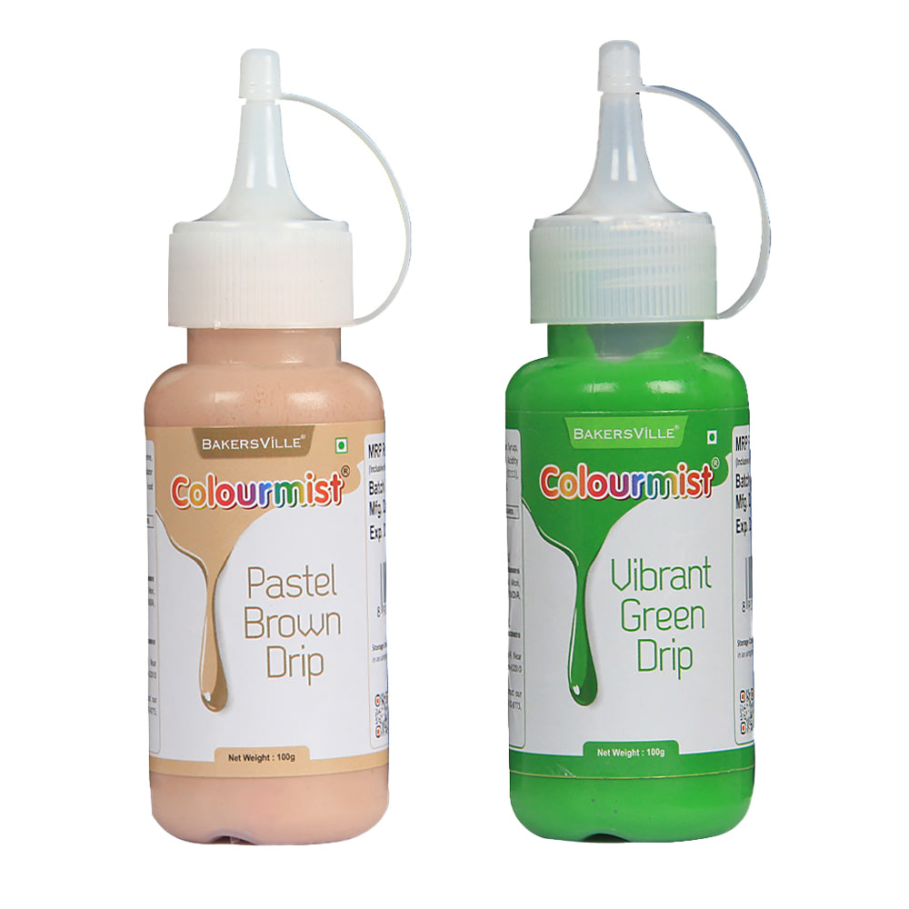 Colourmist Cake Decorating Drip Assorted 100g Each, Pack Of 2 Edible Drips (PASTEL BROWN ,VIBRANT GREEN), 100 gm Each
