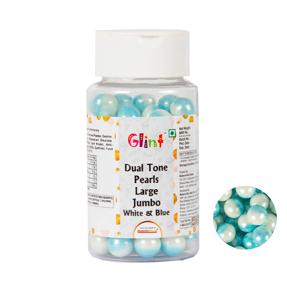 Glint Dual Tone Pearl Balls for Cake Decoration ( 10mm ) ( White & Blue ), 75g | Dual Colour Cake Sprinkle For Cake Decoration | 75g