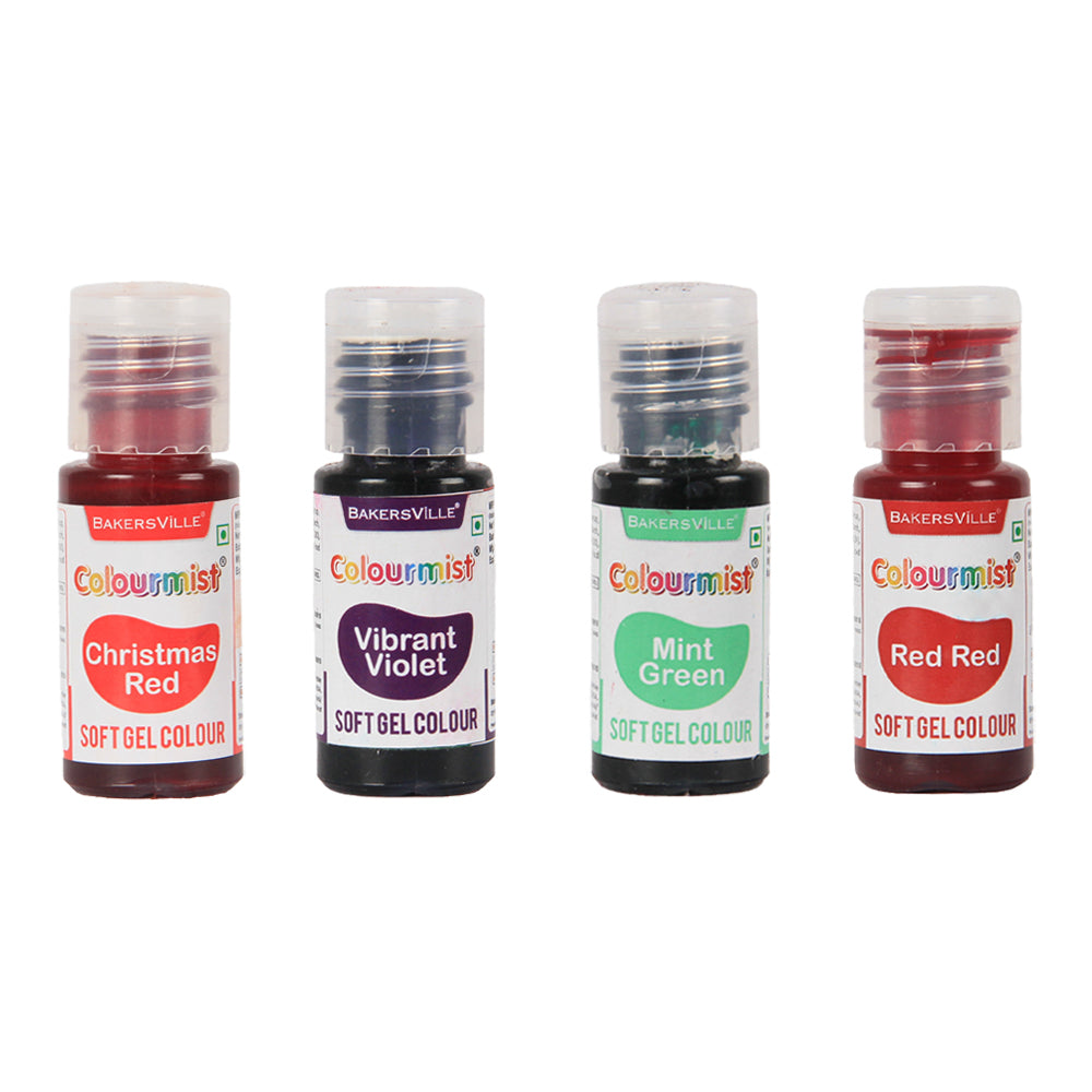 Colourmist Soft Gel Concentrated Color 20g each, Pack of 4(Christmas Red, Vibrant Violet, Mint Green, Red Red) gel Color For Fondant, Dessert, Baking