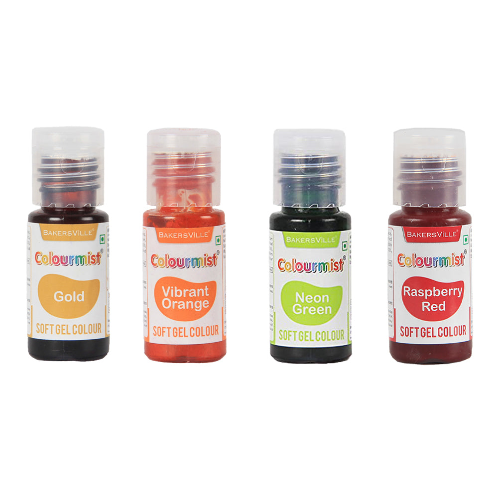 Colourmist Soft Gel Concentrated Color 20g each, Pack of 4(Gold, Vibrant Orange, Neon Green, Raspberry Red), gel Colour For Fondant, Dessert, Baking