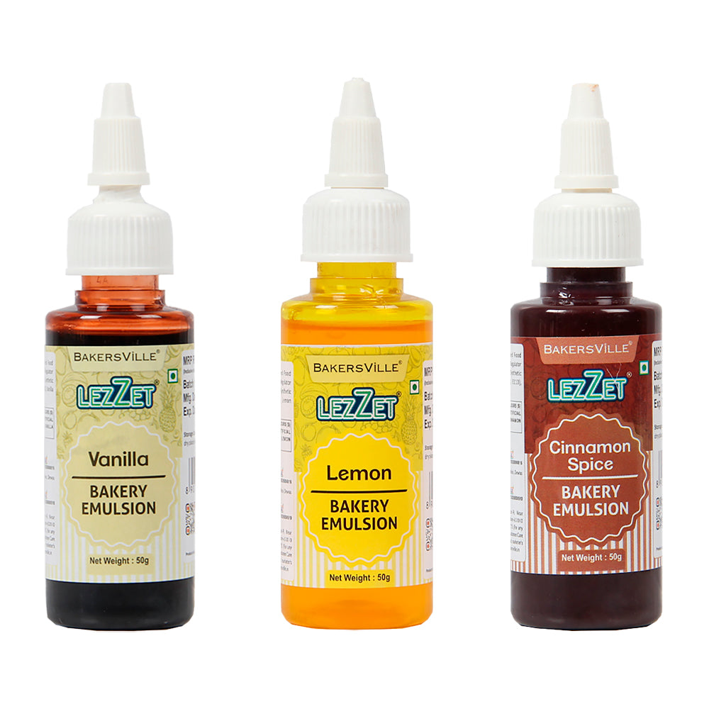 Lezzet Premium Bakery Emulsion Assorted 50g Each, Pack of 3 (Vanilla, Lemon, Cinnamon Spice), Extract Replacement, Flavor Booster For Cake, Cookie