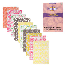 Load image into Gallery viewer, FooDecor Chocolate Transfer Sheets 50 Pcs (10 Assorted Designs (A4 Size)), For DIY Chocolate Cookie Cake Decoration Chocolate Print, BV 3048
