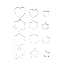 Load image into Gallery viewer, FineDecor Cookie Cutter Stainless Steel Cookie Cutter Set (Heart Shape, 6 &amp; 5 Poninted Star Shape, Flower Shape) (12 Pieces) - FD 3099

