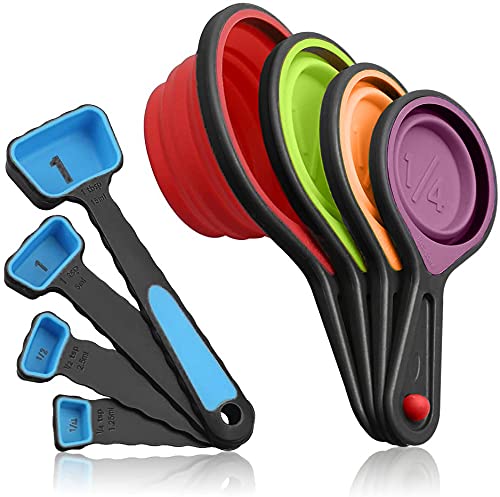 FineDecor Collapsible Silicone Measuring Cups, 8 piece Measuring Spoons set, Measuring Tool for Liquid & Dry Measuring, MultiColour-FD 2996