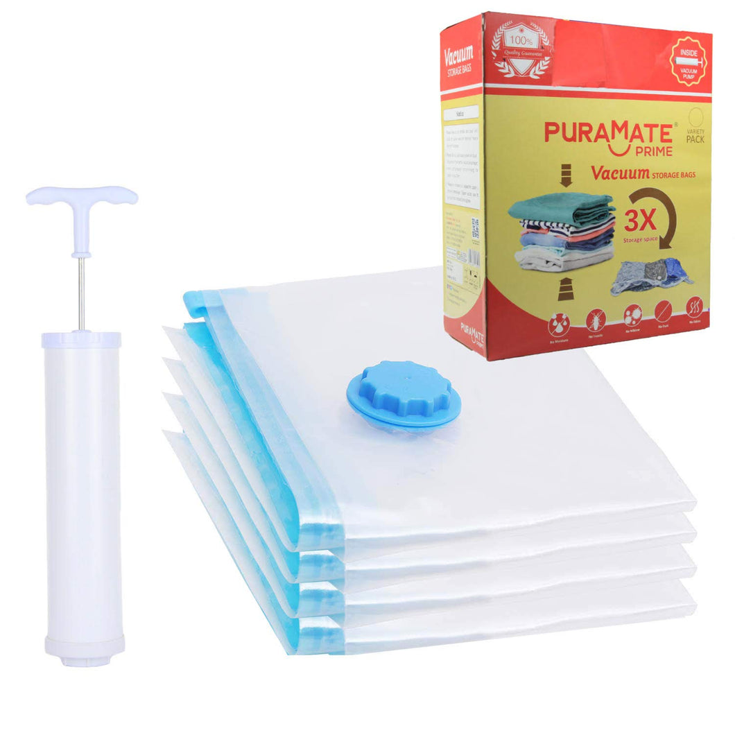 Puramate Prime Vacuum Storage Reusable Ziplock Bags (Pack of 4) - 1 Small, 1 Medium, 1 Large, 1 Extra Large with Portable Pump (Size In Description)