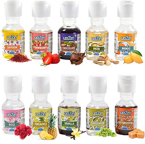 Lezzet Culinary Essence Assorted 20 Ml, Pack of 10 Flavors (Vanilla,Pineapple,Cardamom,Rose,Butterscotch,Strawberry,Saffron,Pista,Mango,Chocolate)