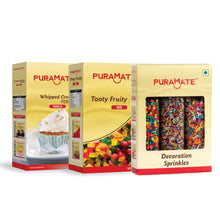 Load image into Gallery viewer, Puramate Combo Pack - Whipped Cream Powder (Vanilla), Tooty Fruity Mix, Rainbow Jimmies Decoration Sprinkles, 100g Each

