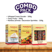 Load image into Gallery viewer, Puramate Combo Pack - Whipped Cream Powder (Vanilla), Tooty Fruity Mix, Rainbow Jimmies Decoration Sprinkles, 100g Each
