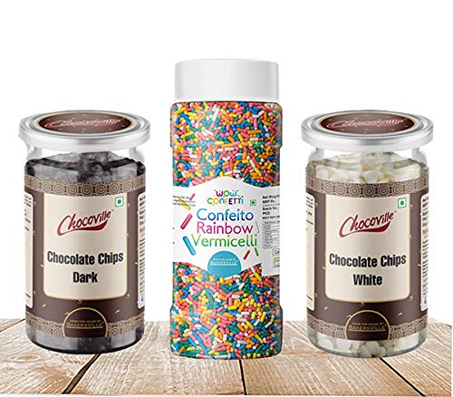 Cake Decoration Kit (Combo Pack Choco Chips, White Choco Chips , Wow Confetti Rainbow Vermicelli)