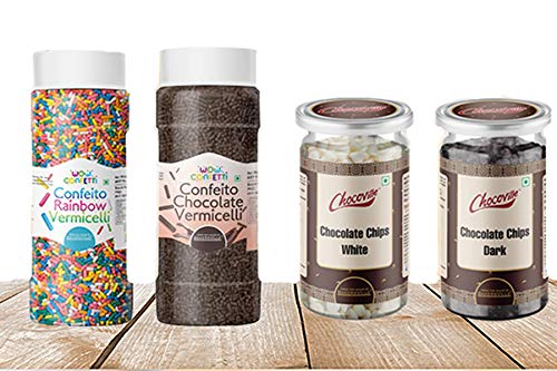 Cake Decoration Kit (Combo Pack of Dark Choco Chips (200 gm), White Choco Chips(200 gm), Chocolate Vermicelli(125 gm) & Rainbow Vermicelli (125 gm)