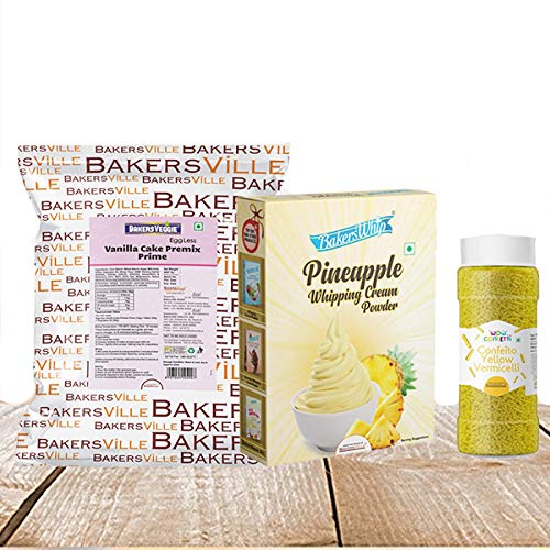 Cake Decoration Kit (Combo Pack of EggLess Vanilla Cake Premix Prime (1Kg),Pineapple Whipping Cream (450 gm) & Yelllow Vermicelli (125 gm)