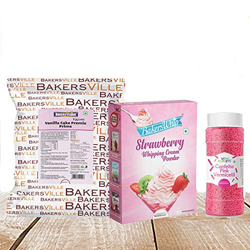 Cake Decoration Kit (Combo Pack of EggLess Vanilla Cake Premix Prime (1Kg),Strawberry Whipping Cream (450 gm) & Pink Vermicelli (125 gm)