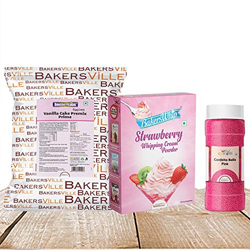 Cake Decoration Kit (Combo Pack of EggLess Vanilla Cake Premix Prime (1Kg),Strawberry Whipping Cream (450 gm) & Pink Balls (150 gm))