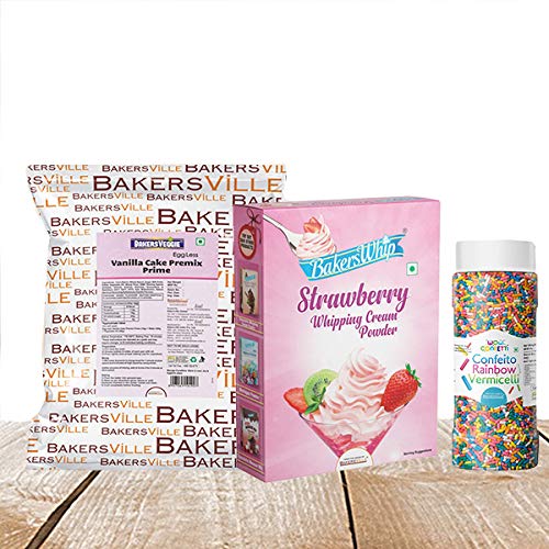 Cake Decoration Kit (Combo Pack of EggLess Vanilla Cake Premix Prime (1Kg),Strawberry Whipping Cream (450 gm) & Rainbow Vermicelli (125 gm)