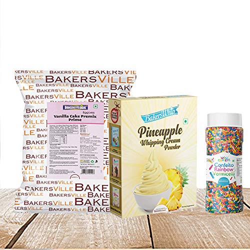 Cake Decoration Combo Kit (EggLess Vanilla Cake Premix Prime (1Kg), Pineapple Whipping Cream(450 gm), Rainbow Vermicelli (150 gm)
