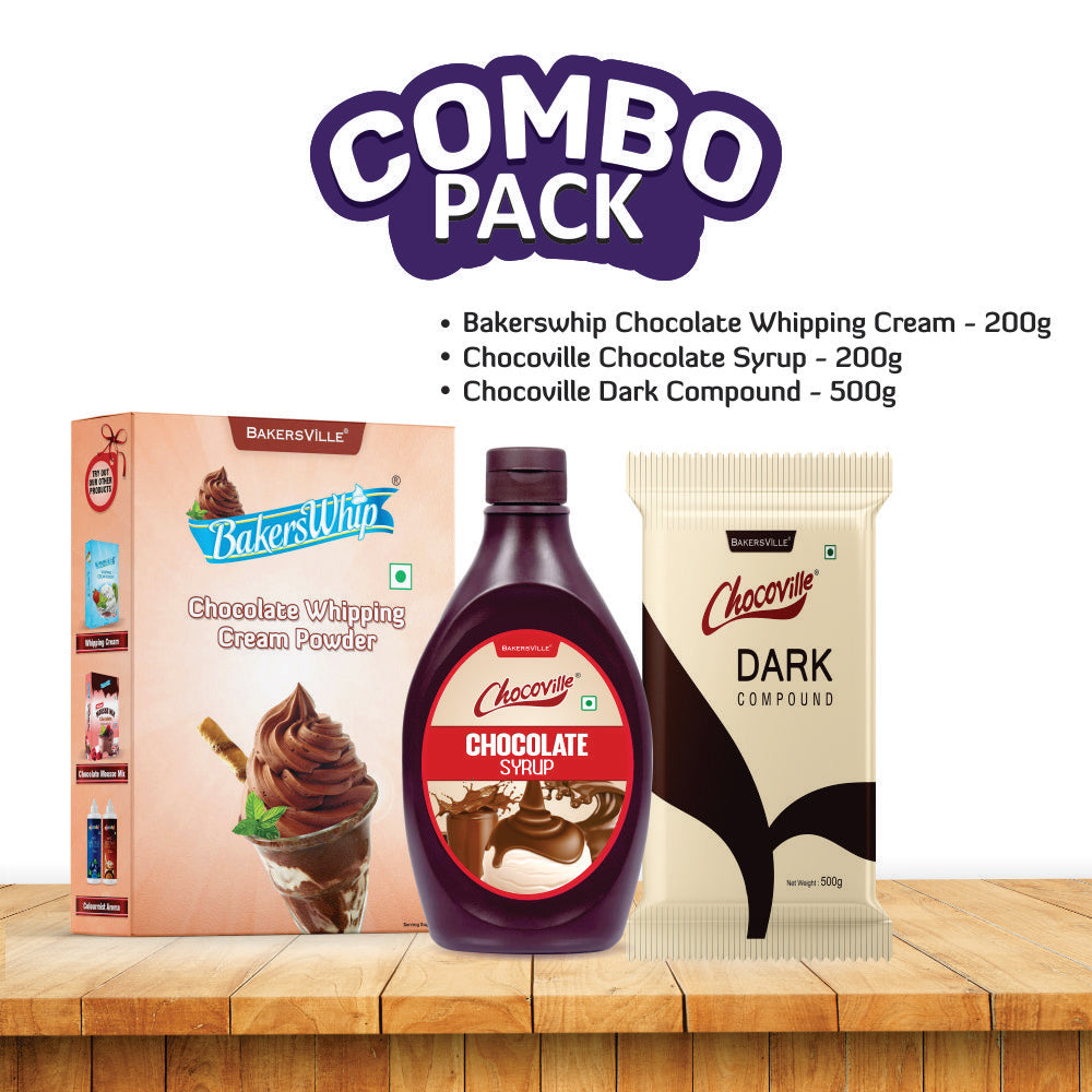 Bakersville Combo Of Chocolate Whipping Cream 200g, Chocoville Chocolate Syrup 200g, Chocoville Chocolate Dark Slab 500g