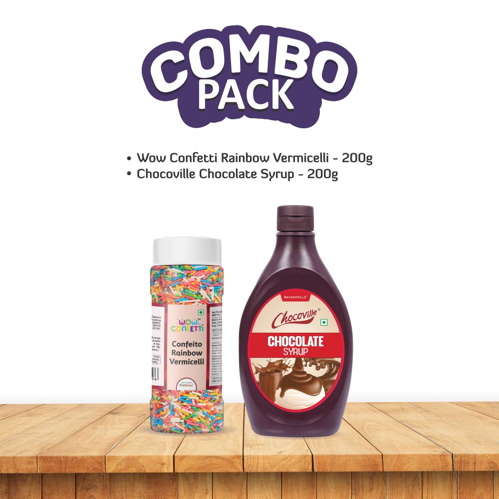 Bakersville Combo Of Wow Confetti Confeito Rainbow Vermicelli 125g, Chocoville Chocolate Syrup 200g