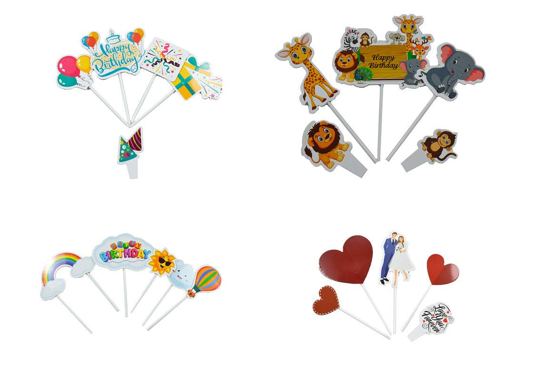 Let's Party 4 in 1 (Jungle, Birthday, Love & Rainbow) Assorted Theme Cake Topper Pack of 4, 20 Pieces