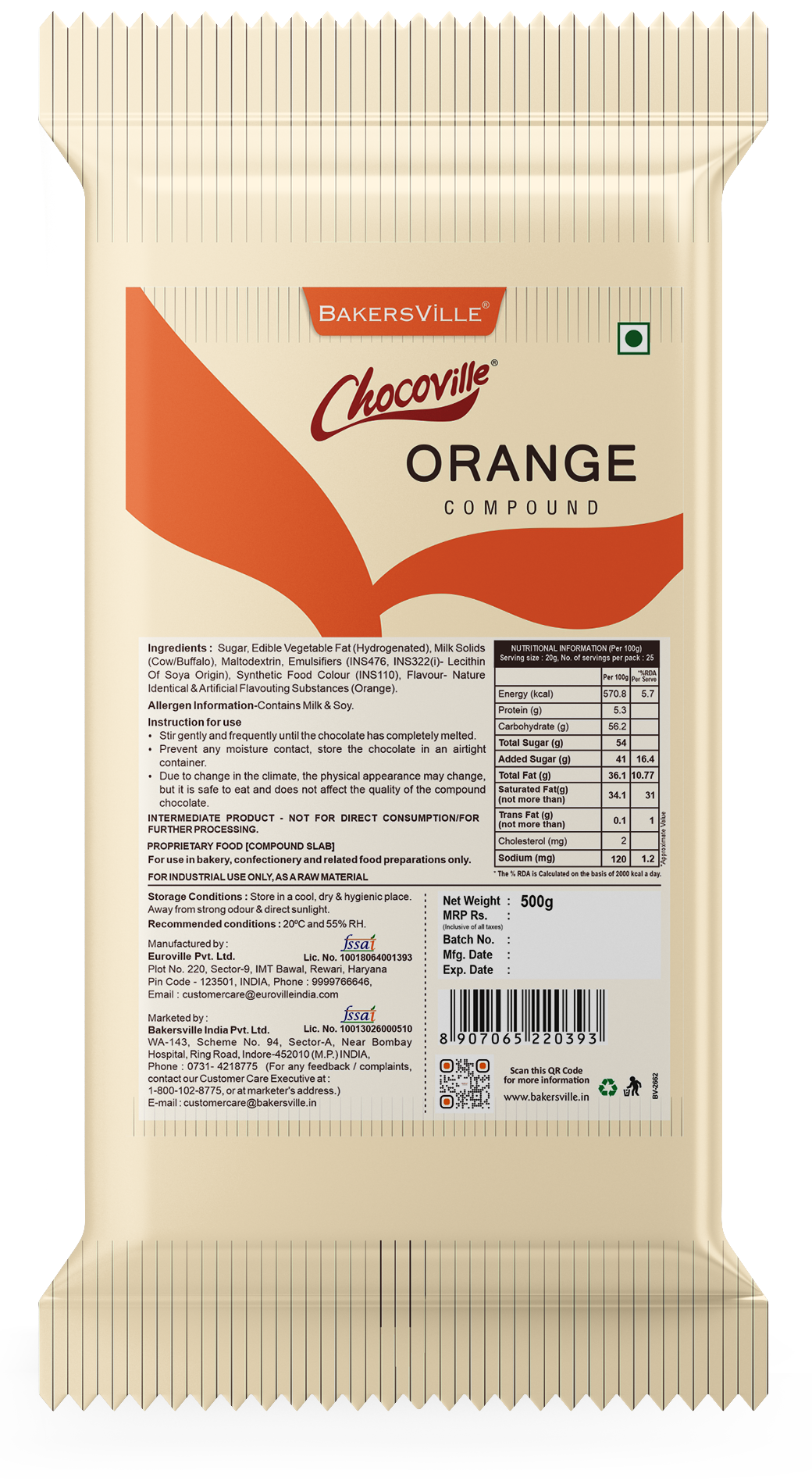 Chocoville Orange Compound Slab 500g