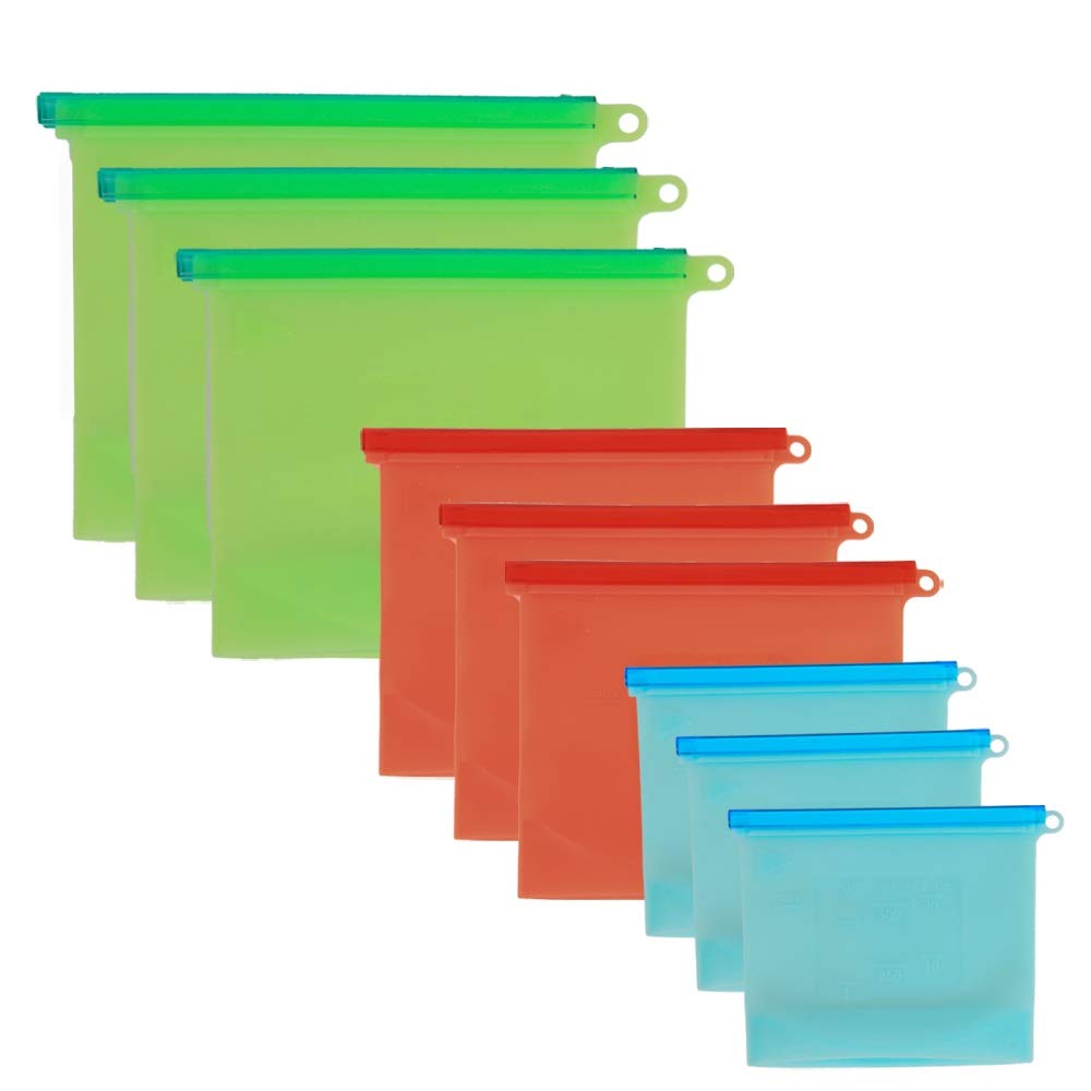 Puramate Prime 9 Pack Reusable Silicone Food Preservation Bags, Airtight Seal, Silicone Versatile Cooking Bag for Refrigerator and Microwave