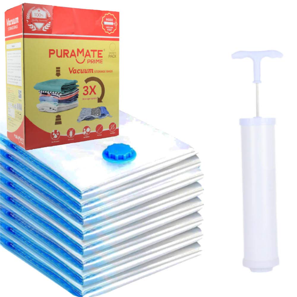 Puramate Prime Vacuum Storage Reusable Ziplock Bags (Pack of 8) - 2 Small, 2 Medium, 2 Large, 2 Extra Large with Portable Pump (Size In Description)