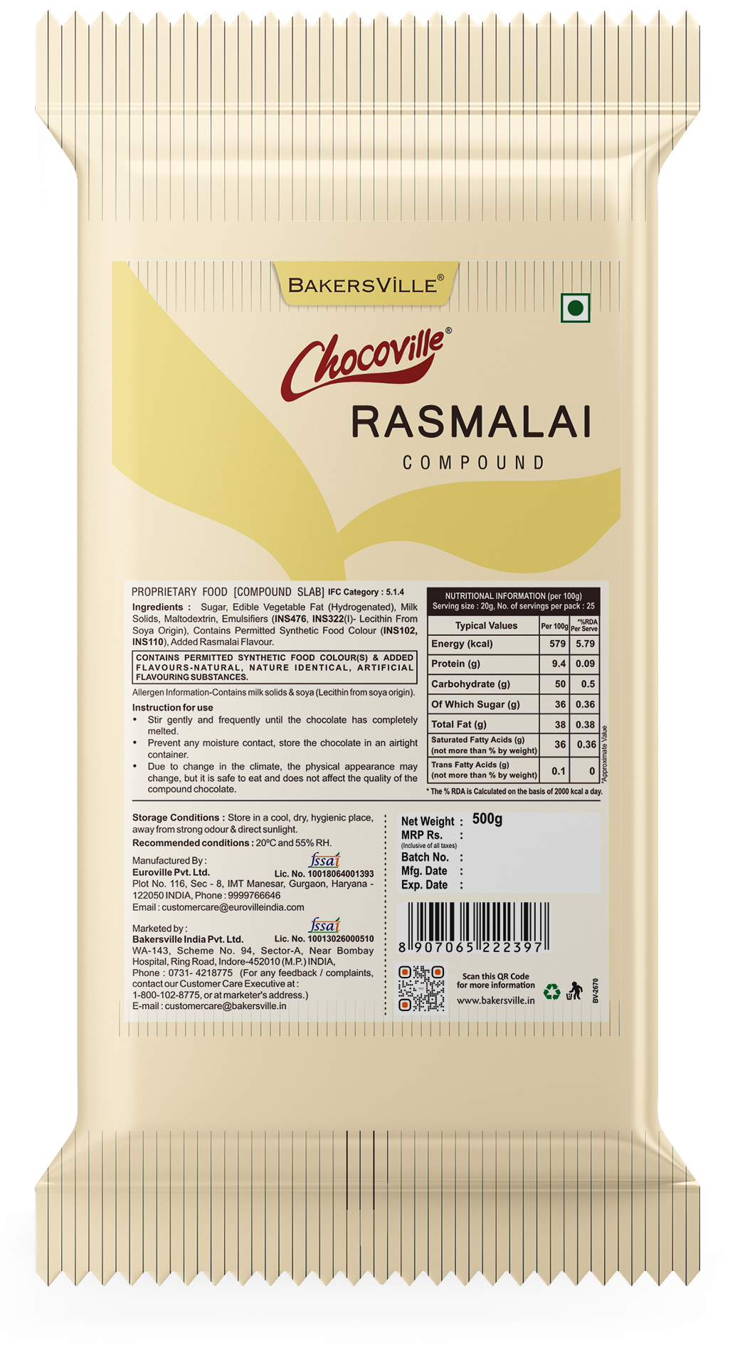 Chocoville Rasmalai Compound Slab, 500 g