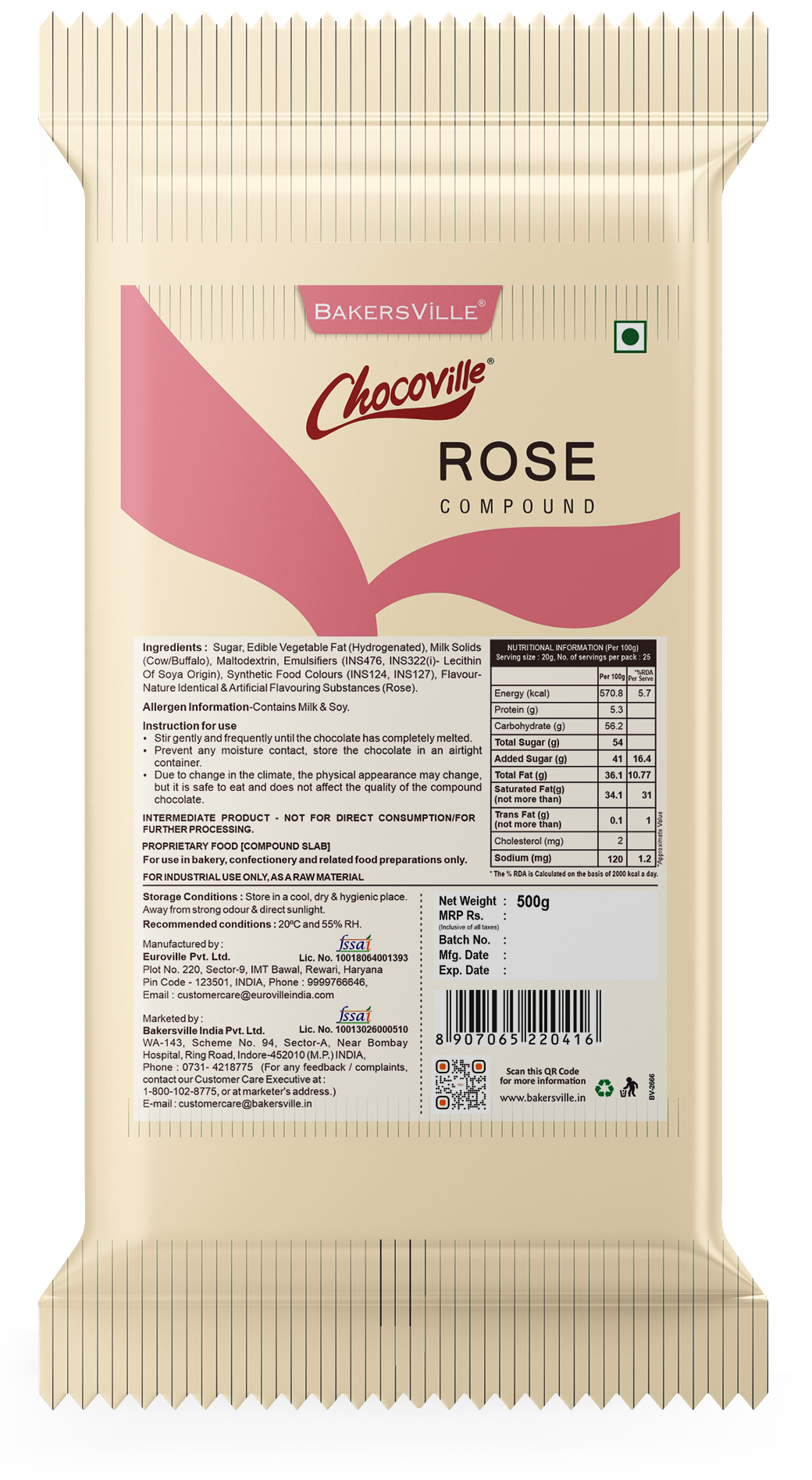 Chocoville Rose Compound Slab, 500 g