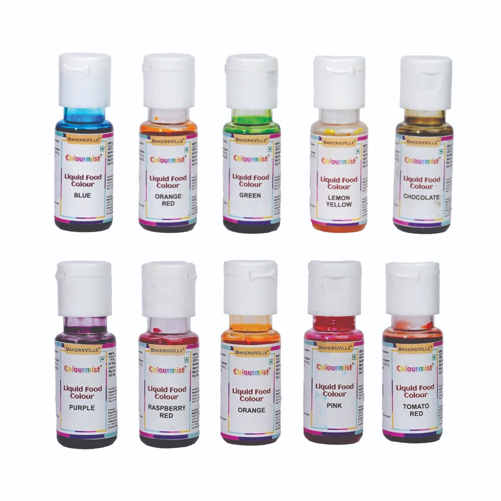 Colourmist Liquid Food Colour 20g each, Pack of 10(Orange, Blue, Orange Red, Raspberry Red, Purple, Lemon Yellow, Green, Chocolate, Tomato Red, Pink)