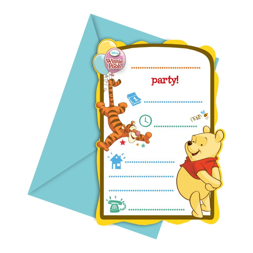 Winnie Pooh Die Cut Invitations & Envelopes - BV81552 - 6Pcs