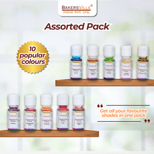 Load image into Gallery viewer, Colourmist Liquid Food Colour 20g each, Pack of 10(Orange, Blue, Orange Red, Raspberry Red, Purple, Lemon Yellow, Green, Chocolate, Tomato Red, Pink)
