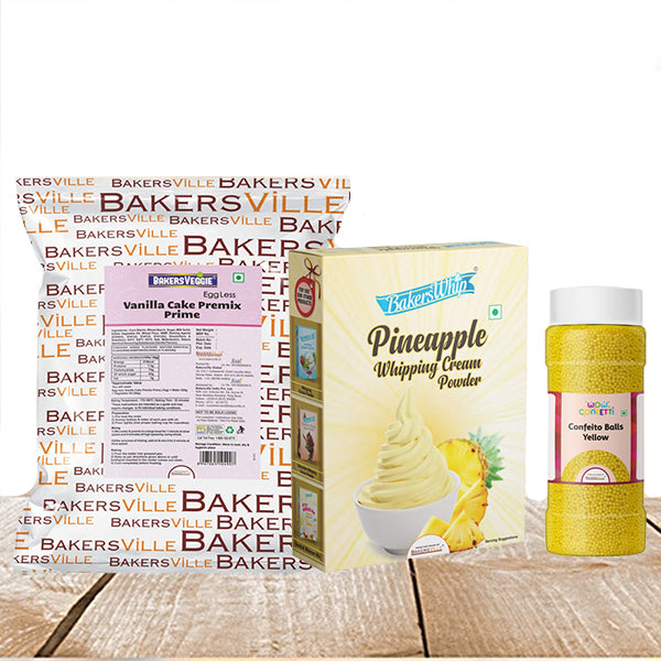 Cake Decoration Kit (Combo Pack of EggLess Vanilla Cake Premix Prime (1Kg),Pineapple Whipping Cream (450 gm) & Yelllow Balls (150 gm)