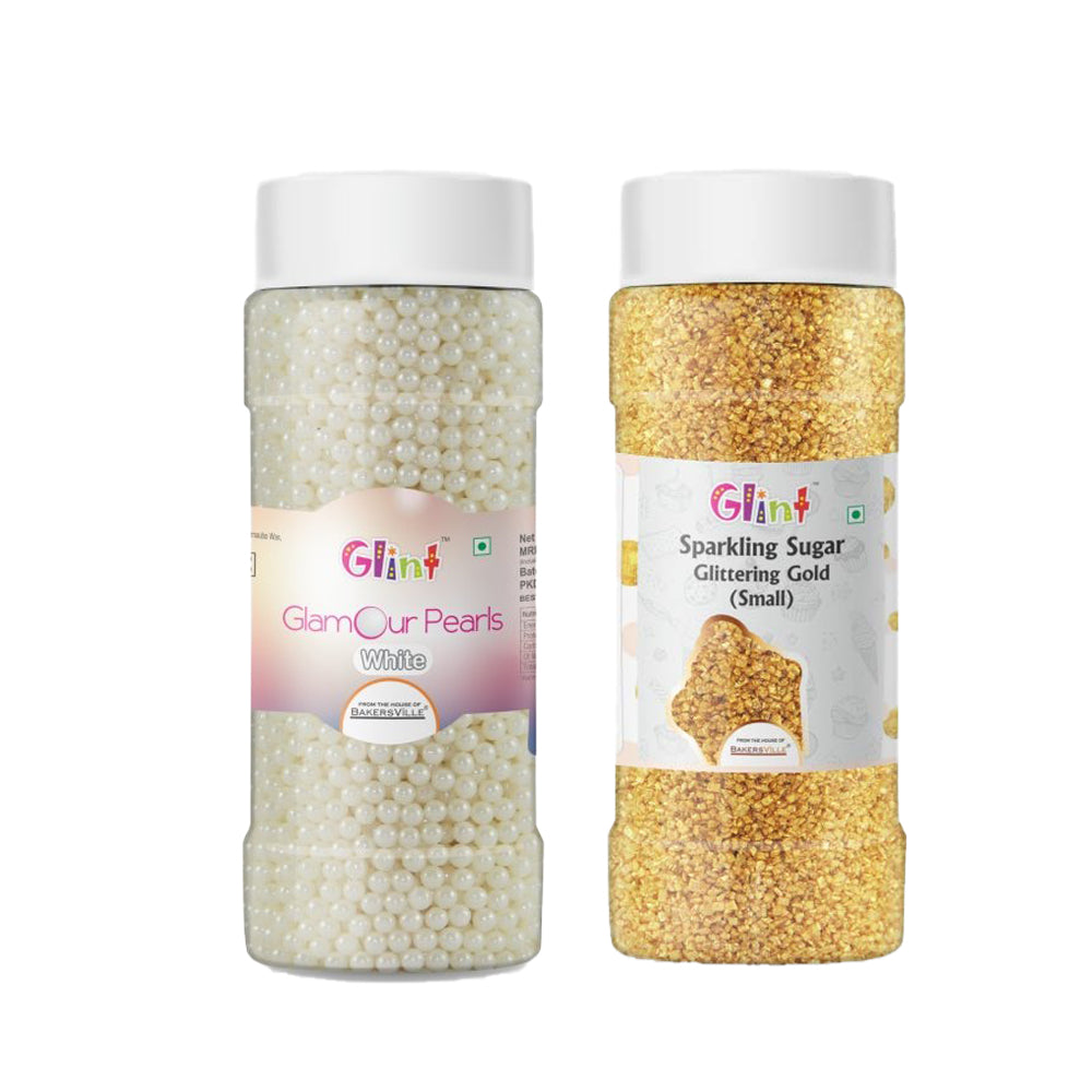 BAKERSVILLE Combo of Glint Glamour Pearl Balls (4mm) (White) and Sparkling Sugar (Glittering Gold) (Small), 75g.