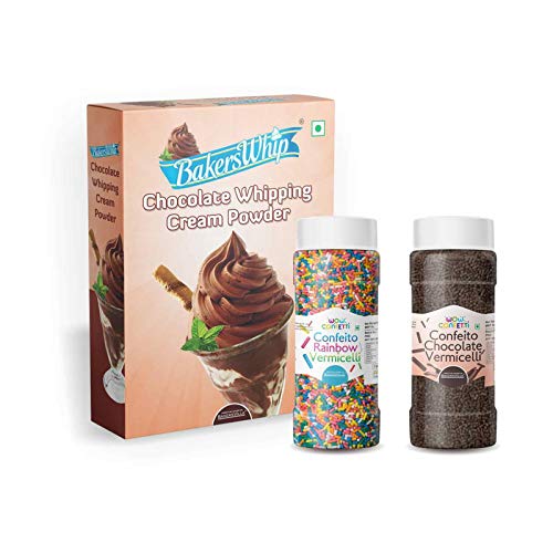Bakersville Cake Decoration Kit (Combo Pack of Chocolate Whipping Cream Powder 450g, Vermicelli Combo (Rainbow 125g & Chocolate 125g) Sprinkles) - Bakersville Shop